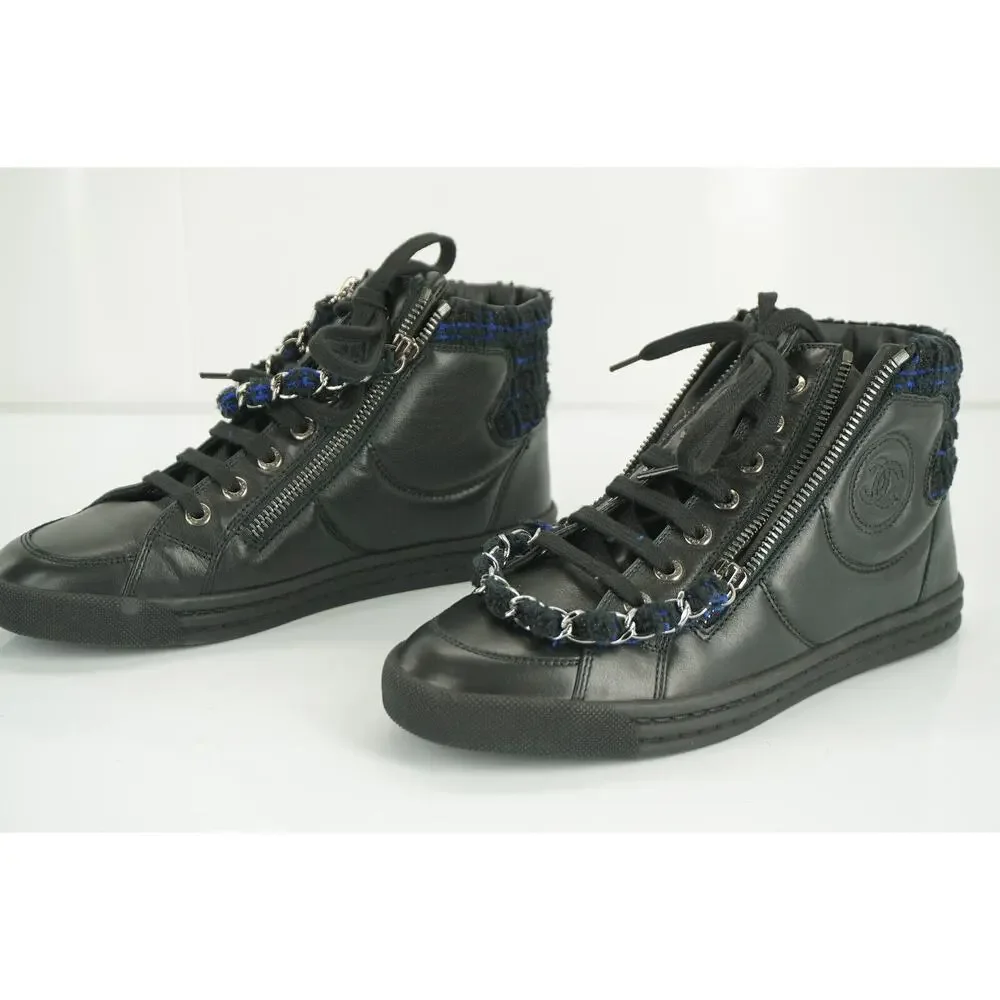 Chanel Black Leather XL CC Logo High Top Sneaker SZ 35 Chain Zip Tweed $1025 New